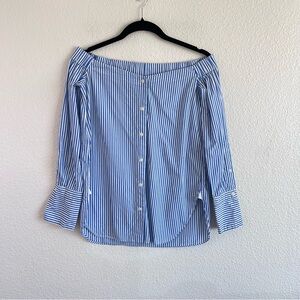 Rag & Bone Blue White Striped Off Shoulder Button Down Long Sleeve Top